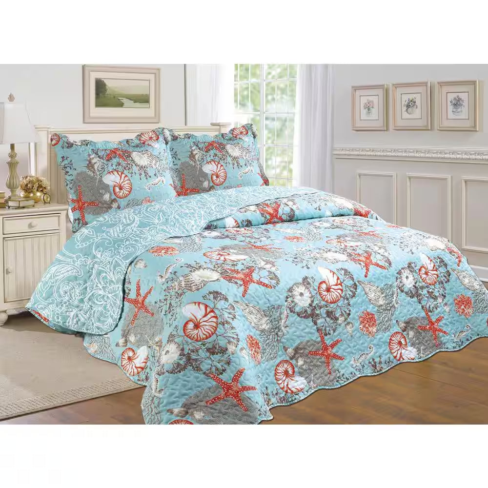 3-Piece Coastal Blue Cotton Blend Reversible King Quilt Set