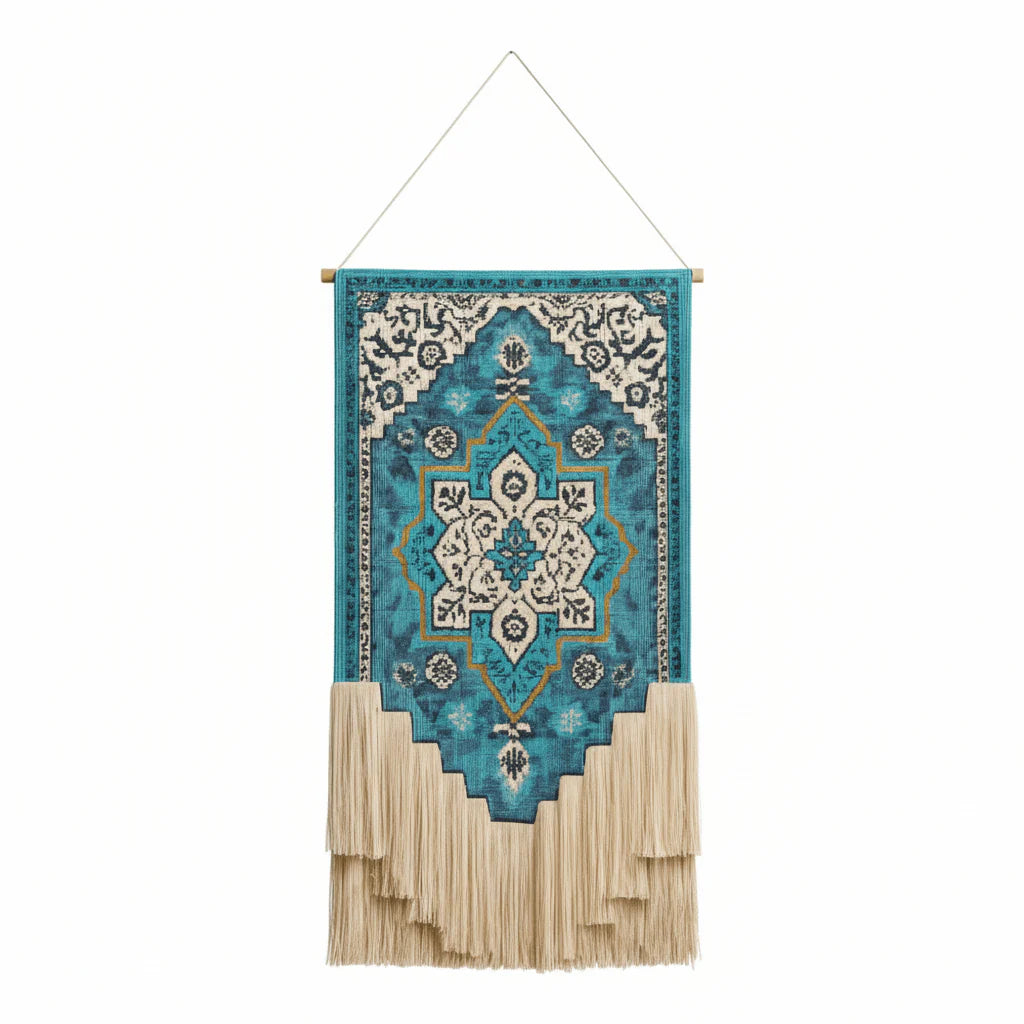 Aqua & Ivory Floral Macrame Wall Hanging, Blue Cotton Woven Flower Tapestry