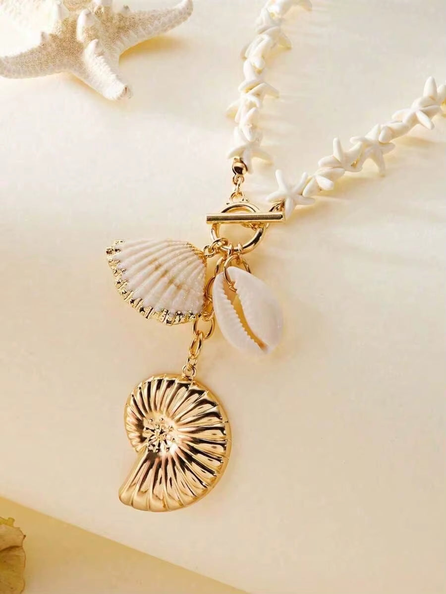 Handmade Starfish Shell Necklace with Toggle Clasp, Coastal Chic Pendant Jewelry for Women