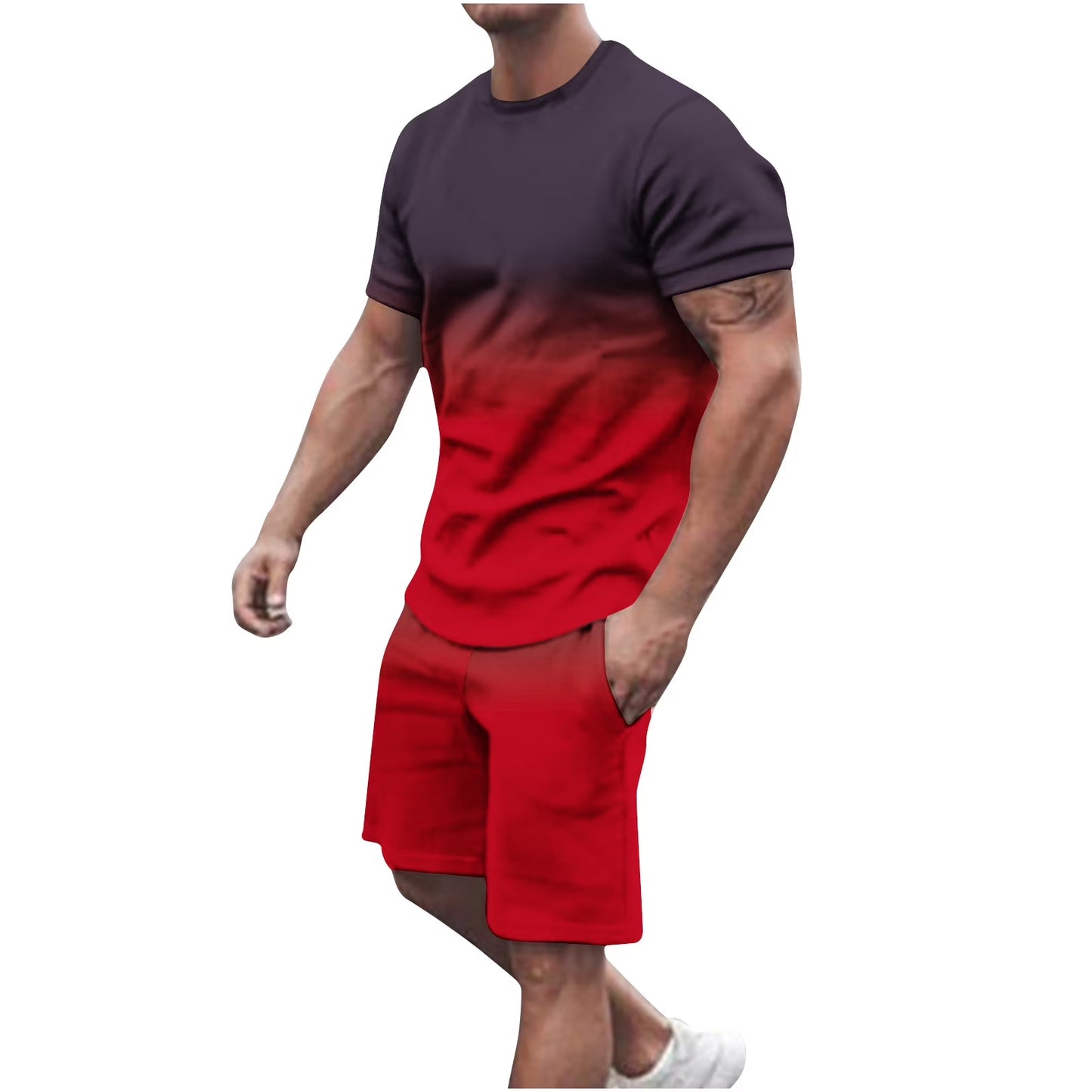 Mens Summer 2 Piece Tracksuit Gradient Color Crew Neck Pull-On Tee Tops and Double Pockets Plain Shorts Vacation Workout Shirts Sets